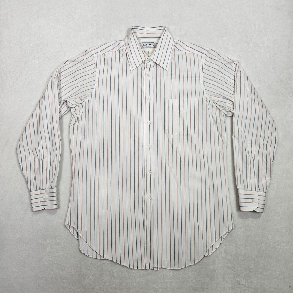 Ascot Chang Men's Shirt Size (L) White Blue Pink‎ Custom Made in Hong Kong Vtg